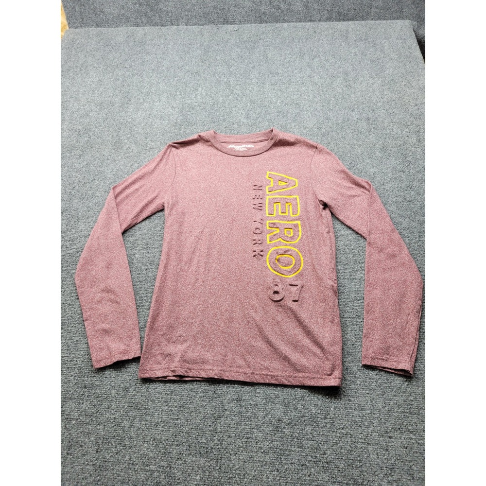 Aeropostale Mens Small Long Sleeve Graphic Tee Heather Burgundy Red Aero NY 87